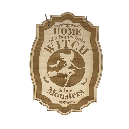 Home of a Happy Little Witch - Raw Wood Halloween Door Sign 7x9 Home of a Happy Little Witch - Raw Wood Halloween Door Sign 7x9